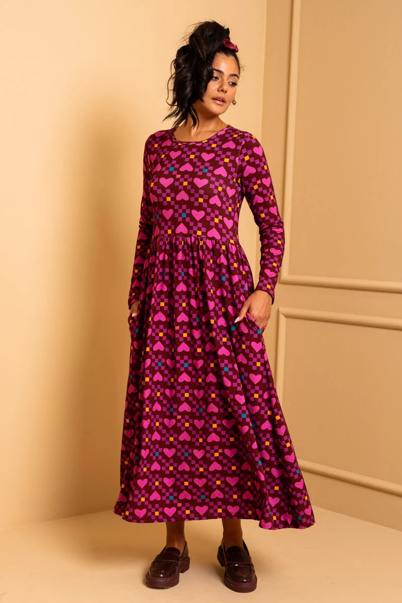 Isabella Dress Magenta Hearts Cubes Jersey Φόρεμα με Τσέπες Petit Boutik