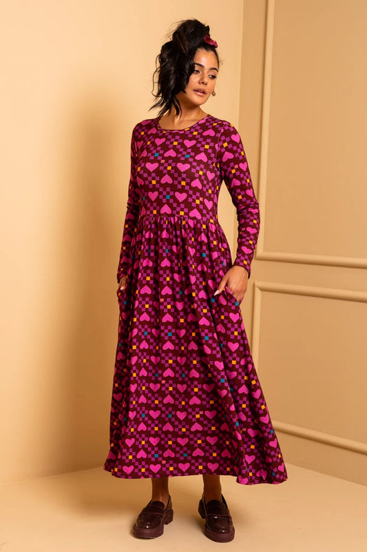 Isabella Dress Magenta Hearts Cubes Jersey Φόρεμα με Τσέπες Petit Boutik