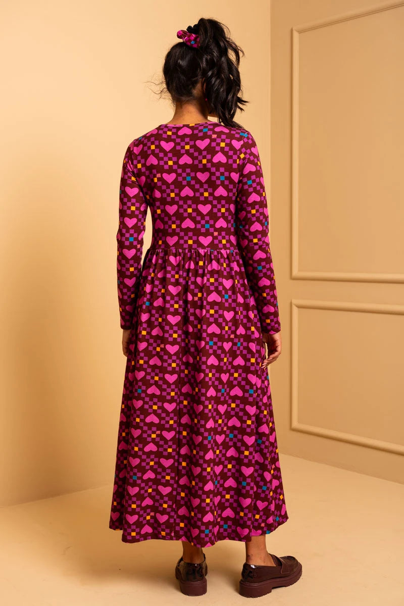 Isabella Dress Magenta Hearts Cubes Jersey Φόρεμα με Τσέπες Petit Boutik