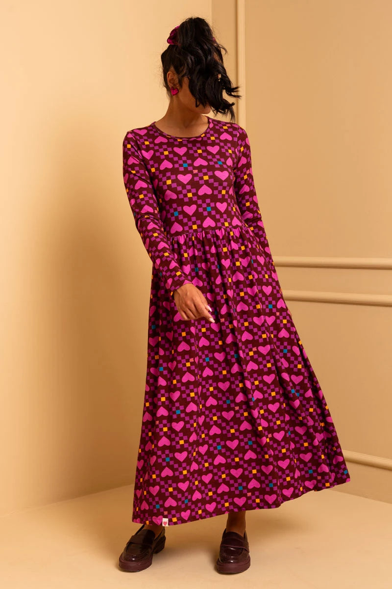 Isabella Dress Magenta Hearts Cubes Jersey Φόρεμα με Τσέπες Petit Boutik