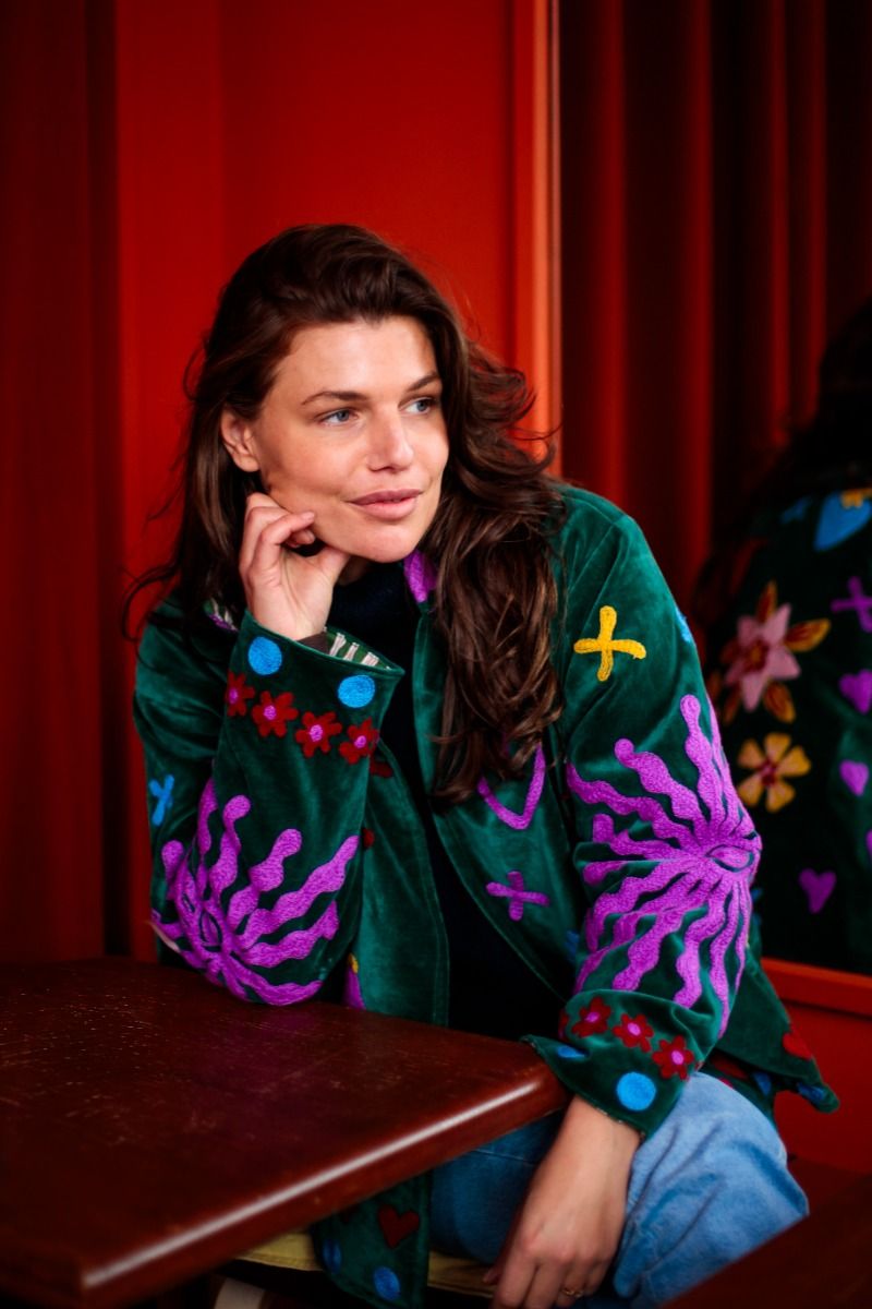 Embroidered Velvet Jacket – Deep Green with Playful Multicolor Embroidery