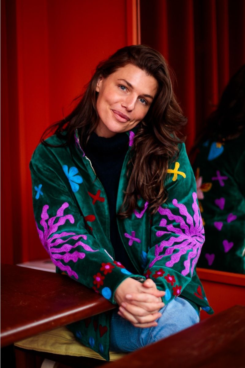 Embroidered Velvet Jacket – Deep Green with Playful Multicolor Embroidery