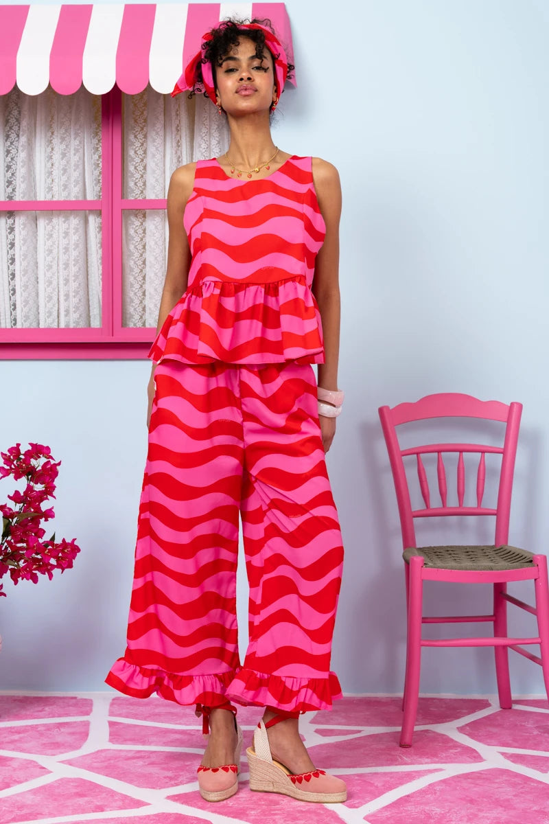 Jo Pants Frill Pink Red Waves Παντελόνα με Τσέπες Petit Boutik