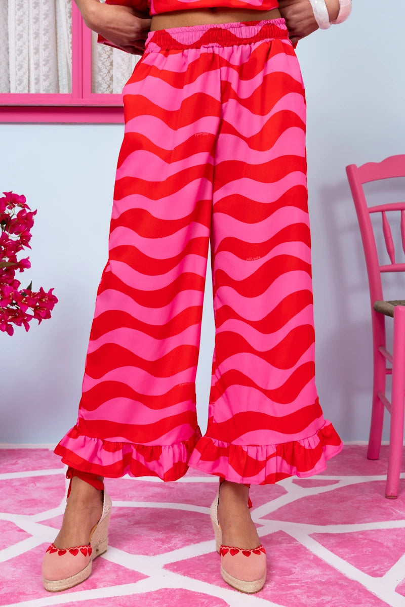 Jo Pants Frill Pink Red Waves Παντελόνα με Τσέπες Petit Boutik