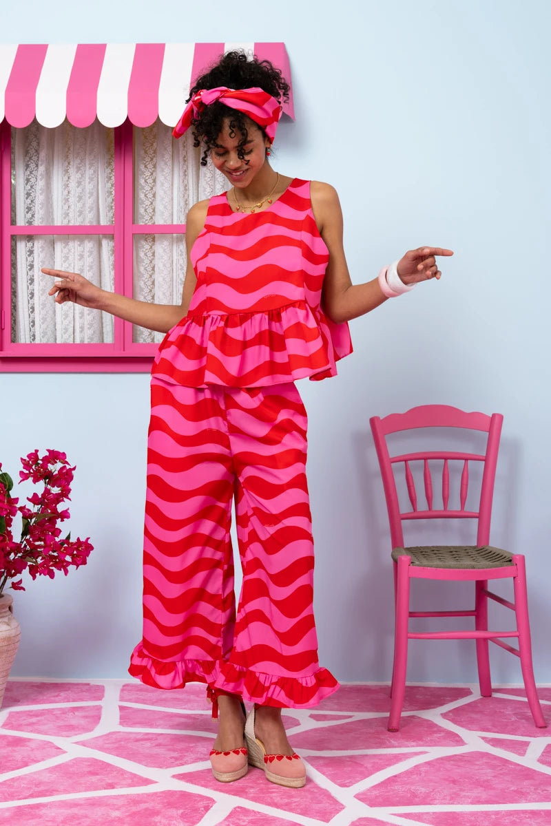 Jo Pants Frill Pink Red Waves Παντελόνα με Τσέπες Petit Boutik