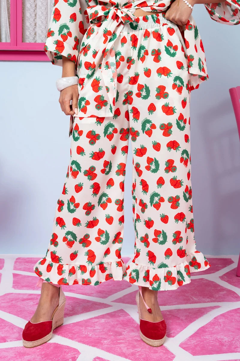 Jo Pants Frill White Red Strawberries Παντελόνα με Τσέπες Petit Boutik