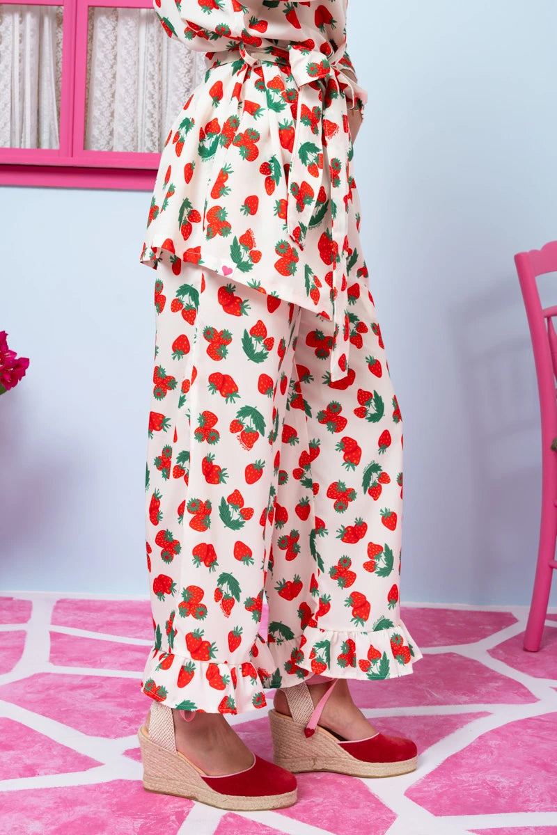 Jo Pants Frill White Red Strawberries Παντελόνα με Τσέπες Petit Boutik