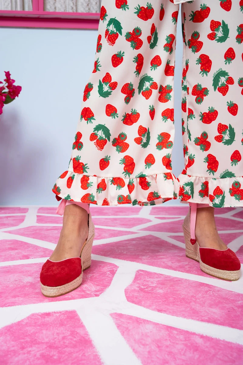 Jo Pants Frill White Red Strawberries Παντελόνα με Τσέπες Petit Boutik
