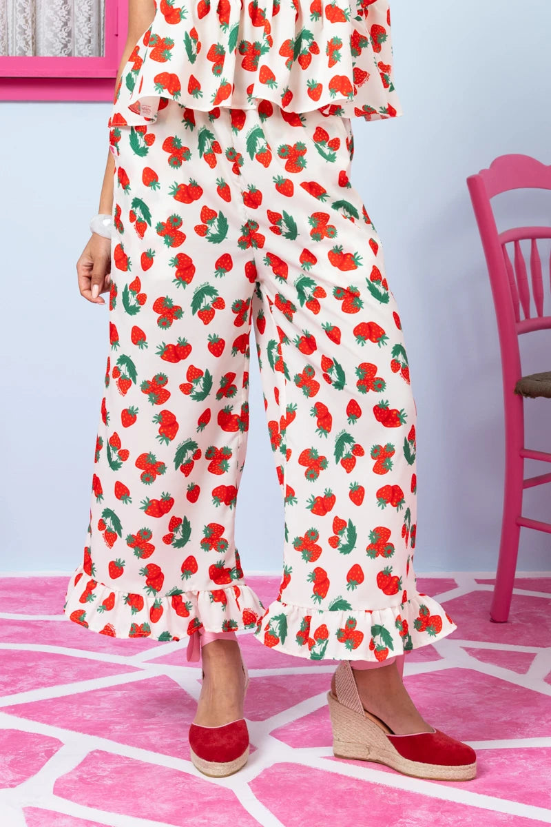 Jo Pants Frill White Red Strawberries Παντελόνα με Τσέπες Petit Boutik