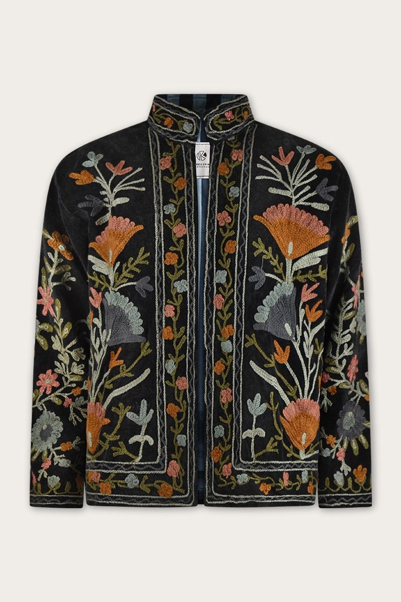 Embroidered velvet jacket – Black with multicolor Suzani embroidery