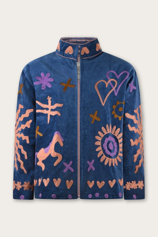 Embroidered Velvet Jacket – Midnight Blue with Playful Symbolic Embroidery
