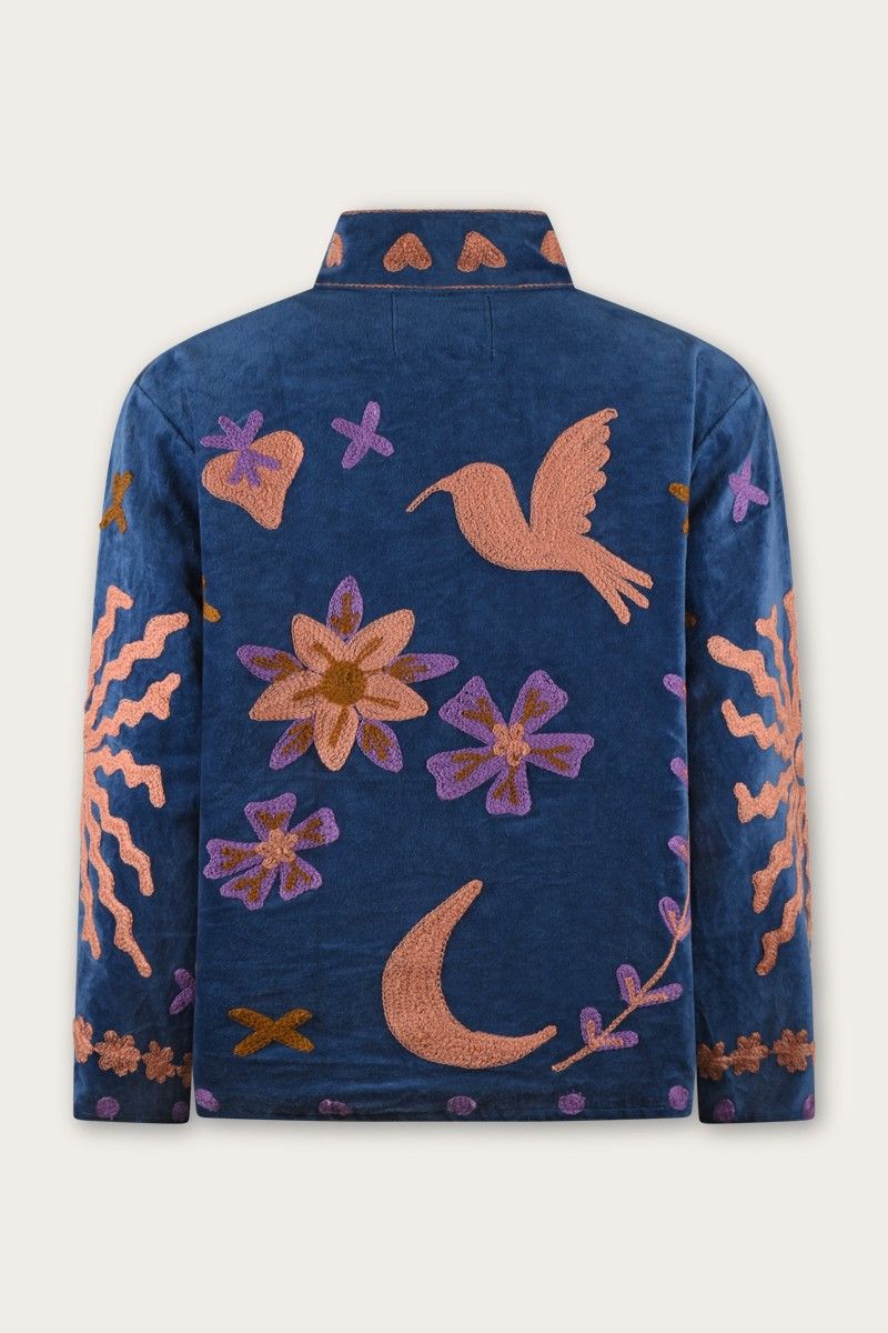 Embroidered Velvet Jacket – Midnight Blue with Playful Symbolic Embroidery