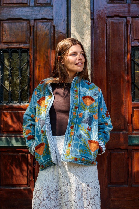 Embroidery Jacket – Light Blue with Refined Floral Suzani Embroidery
