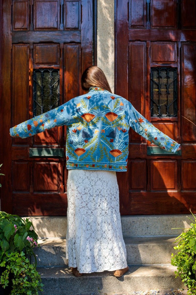 Embroidery Jacket – Light Blue with Refined Floral Suzani Embroidery