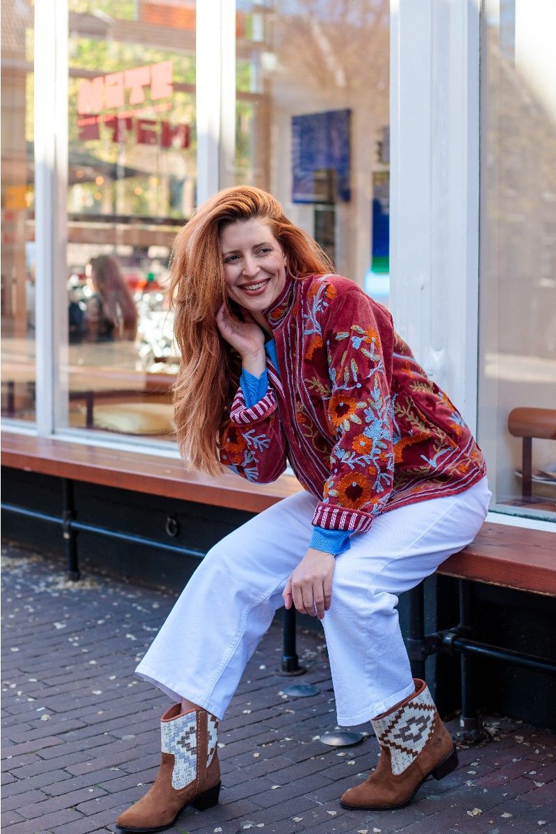 Embroidery jacket – Maroon with floral Suzani embroidery