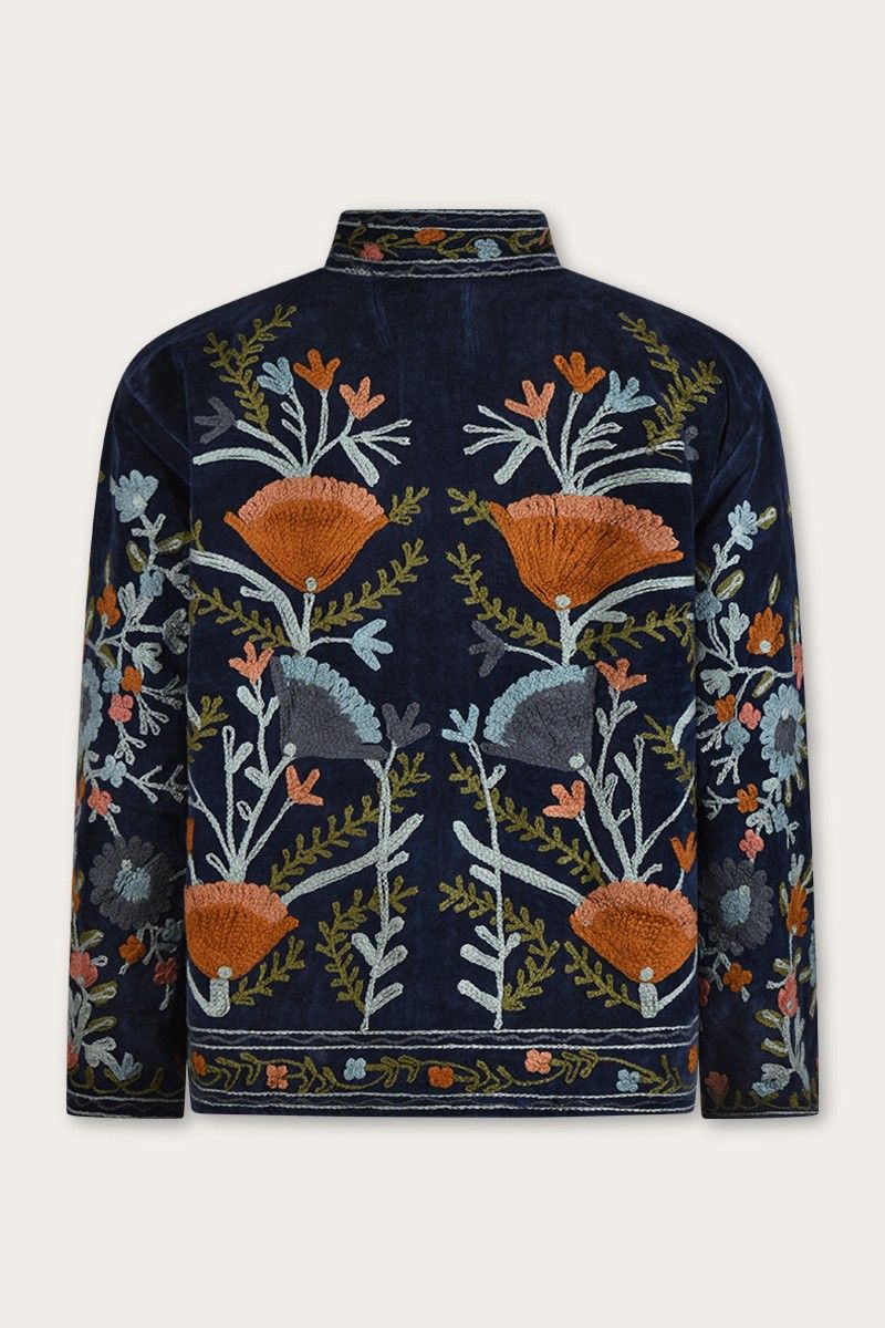 Embroidered velvet jacket – Ocean blue with multicolor Suzani embroidery