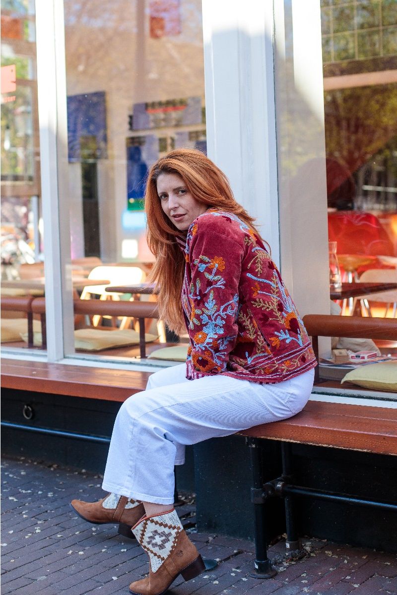 Embroidery jacket – Maroon with floral Suzani embroidery