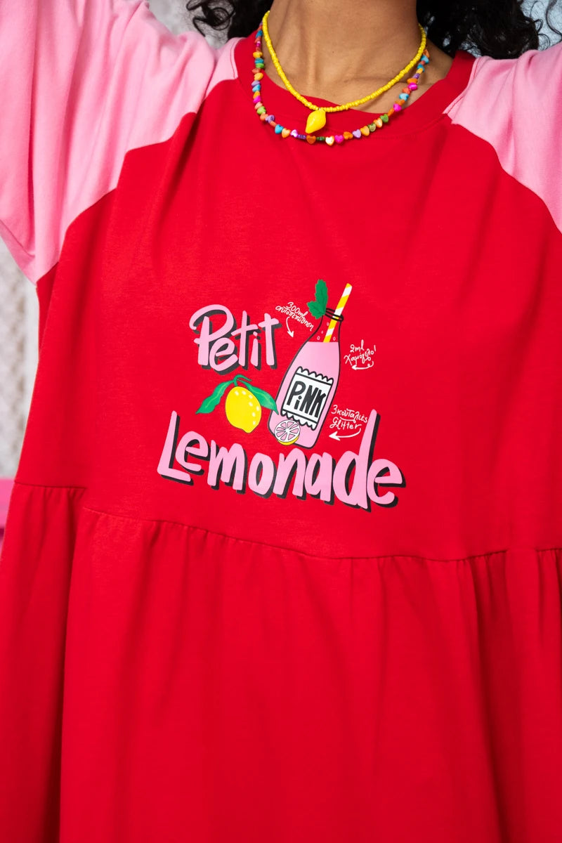 Kali Reglan T-shirt Long Dress Κόκκινο “Petit Lemonade” Κοντομάνικο Φόρεμα Petit Boutik