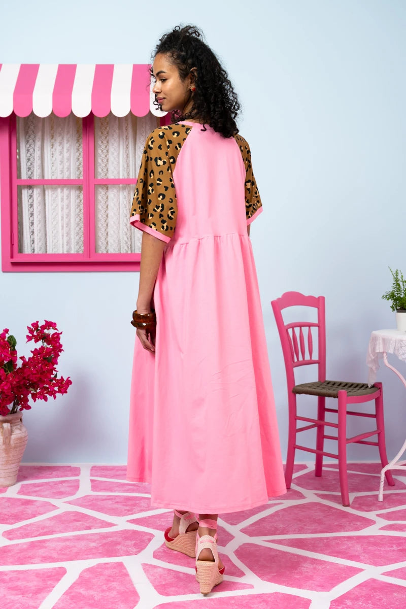 Kali Reglan T-shirt Long Dress Ροζ Leopar “Now or Never” Κοντομάνικο Φόρεμα Petit Boutik