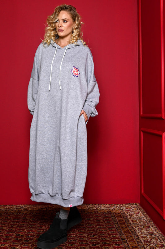 Kely Hoodie Dress “Λετς Γκετ Κόζι” Grey Φούτερ Φόρεμα με Τσέπες Petit Boutik