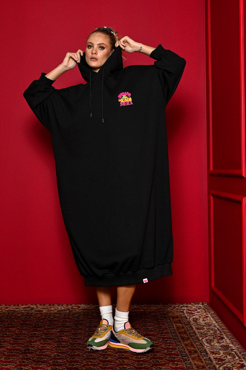 Kely Hoodie Dress “Σήμερα θα Είναι μια Τέλεια Μέρα” Black Φούτερ Φόρεμα με Τσέπες Petit Boutik