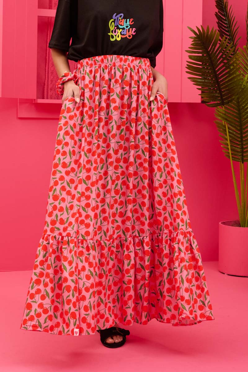 Kiara Skirt Vis Pink Cherries Φούστα Petit Boutik