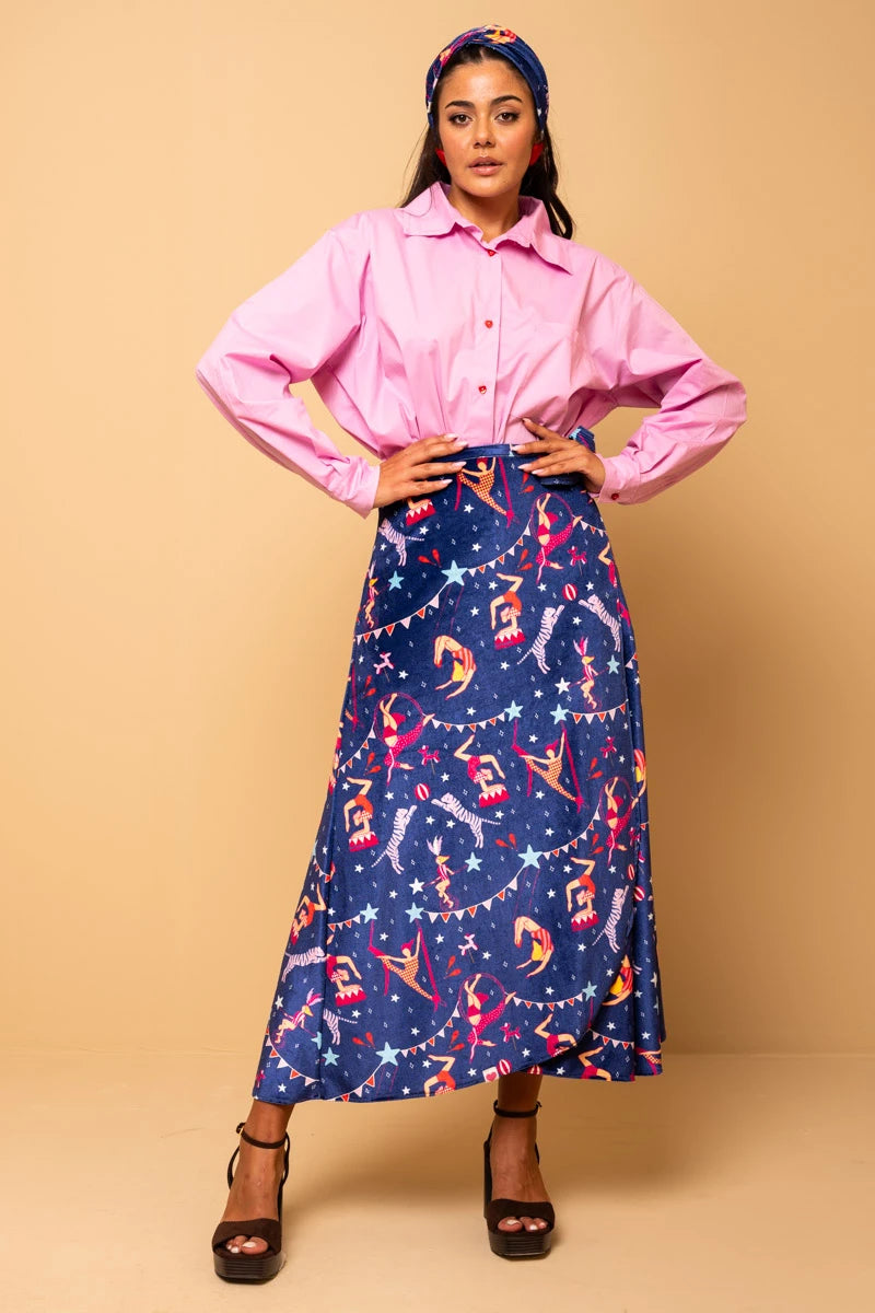 Klara Wrap Skirt Blue Circus Βελούδινη Δετή Φούστα Petit Boutik