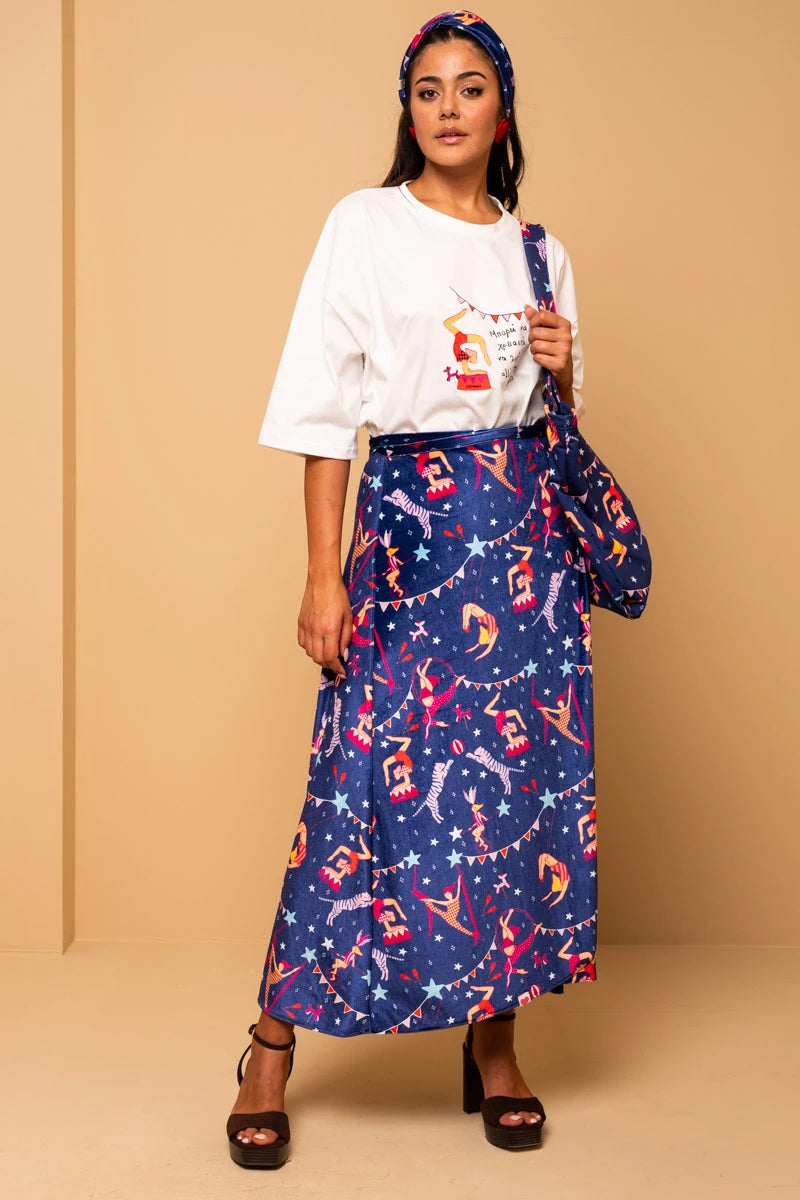 Klara Wrap Skirt Blue Circus Βελούδινη Δετή Φούστα Petit Boutik