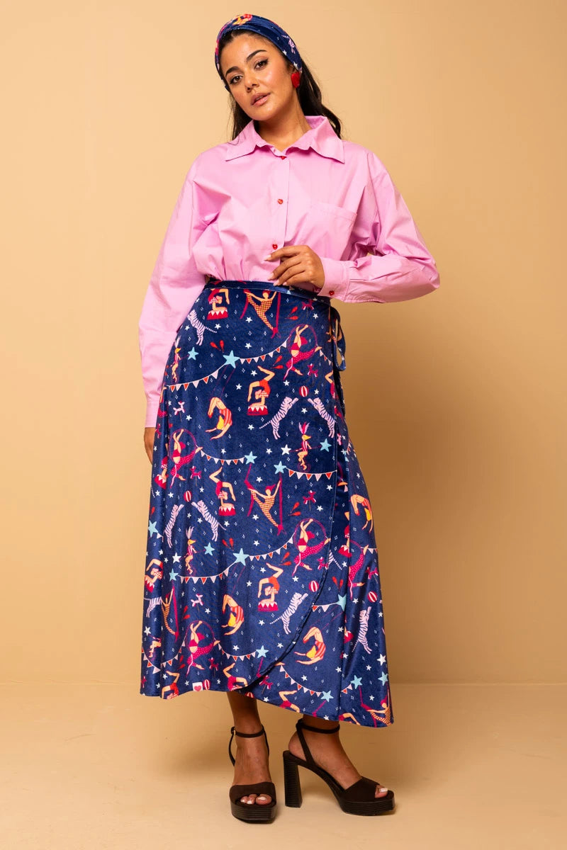 Klara Wrap Skirt Blue Circus Βελούδινη Δετή Φούστα Petit Boutik