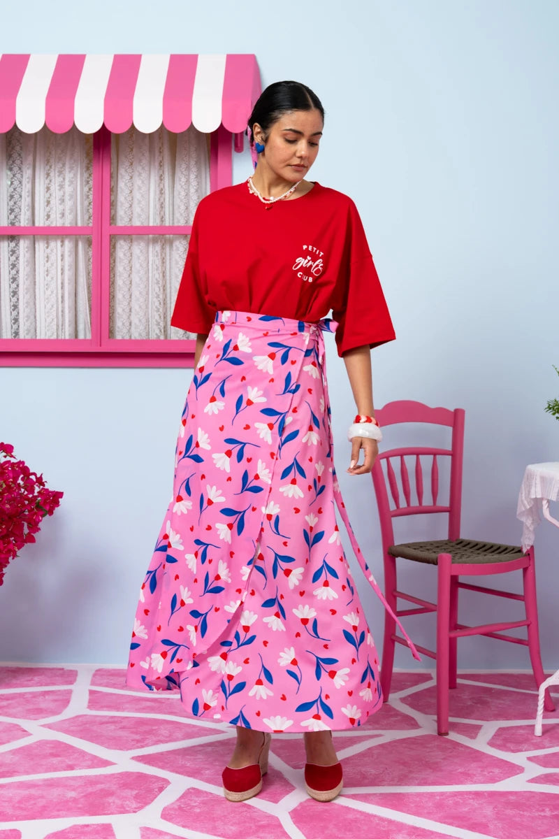 Klara Wrap Skirt Pink Floral Blue Leaves Δετή Φούστα Petit Boutik