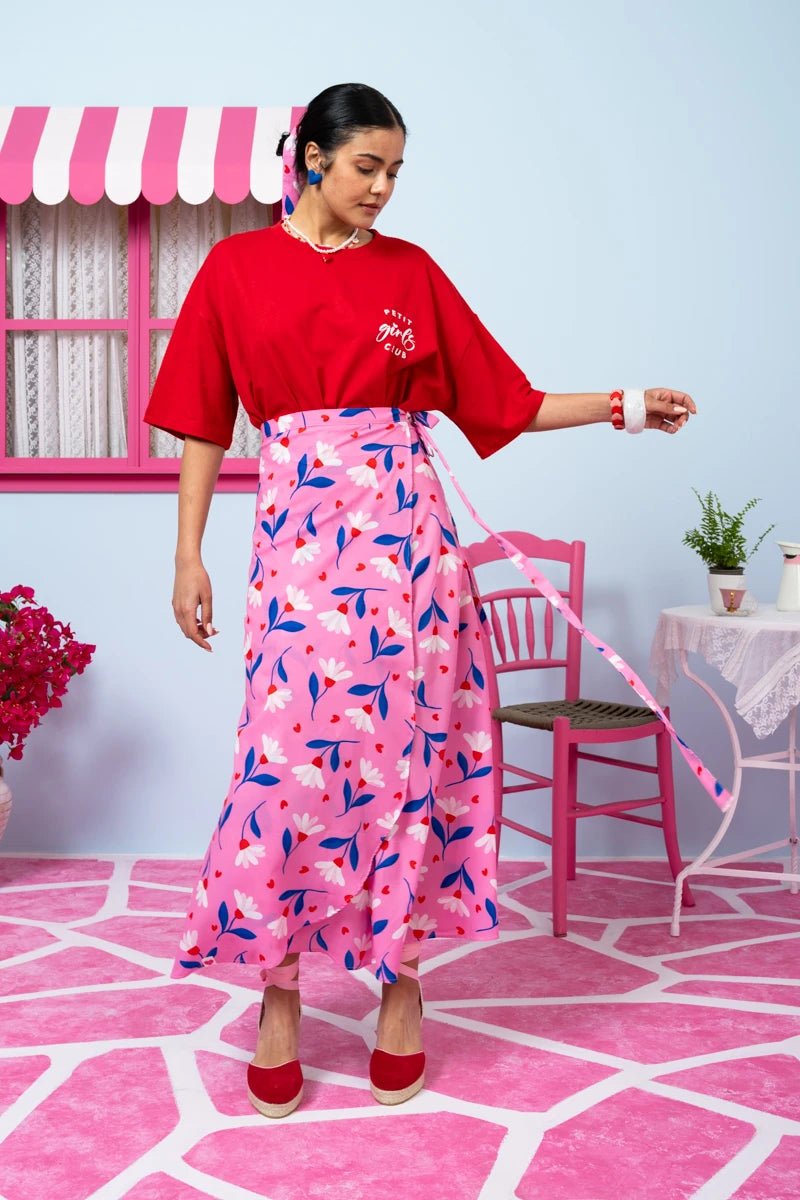 Klara Wrap Skirt Pink Floral Blue Leaves Δετή Φούστα Petit Boutik