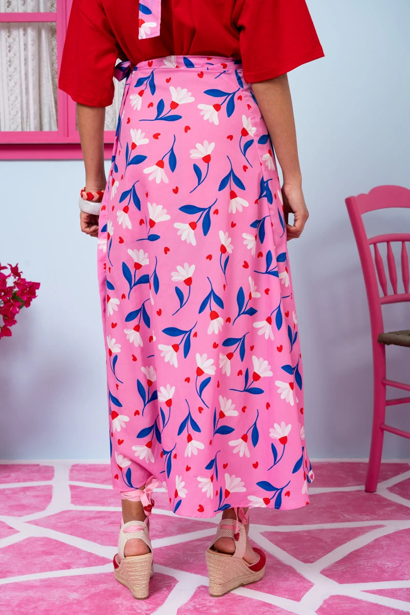 Klara Wrap Skirt Pink Floral Blue Leaves Δετή Φούστα Petit Boutik