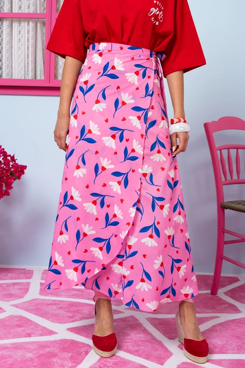 Klara Wrap Skirt Pink Floral Blue Leaves Δετή Φούστα Petit Boutik