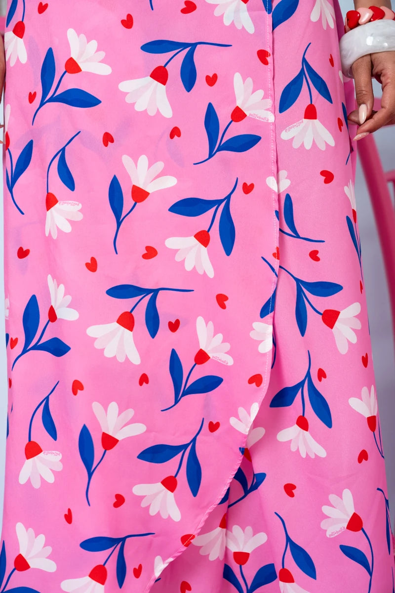 Klara Wrap Skirt Pink Floral Blue Leaves Δετή Φούστα Petit Boutik
