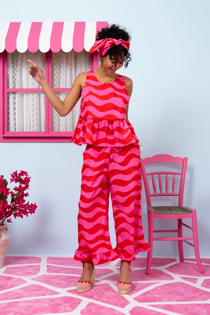 Lila Top Blouse Frill Pink Red Waves Μπλούζα Petit Boutik
