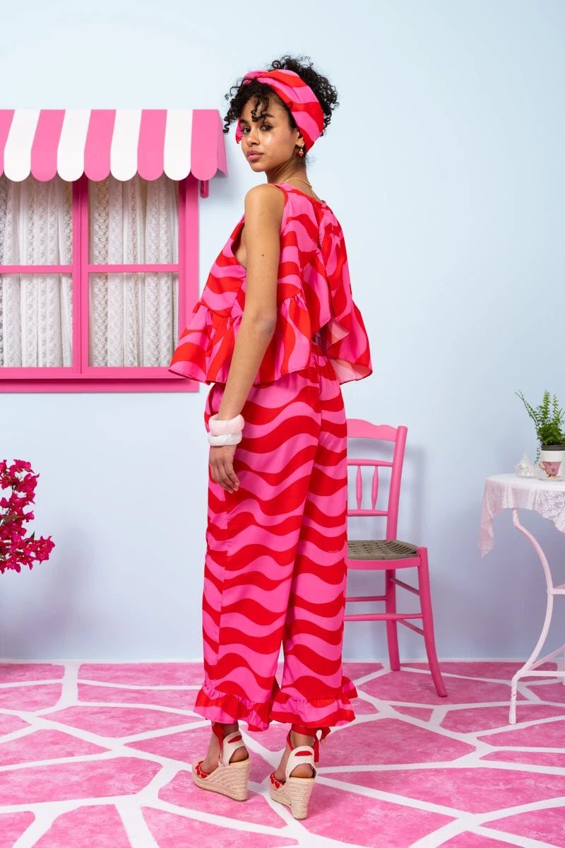 Jo Pants Frill Pink Red Waves Παντελόνα με Τσέπες Petit Boutik