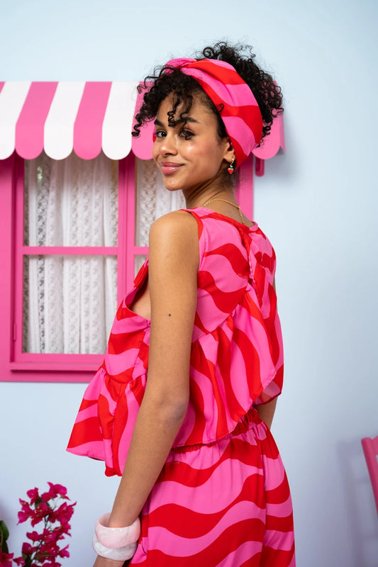 Lila Top Blouse Frill Pink Red Waves Μπλούζα Petit Boutik