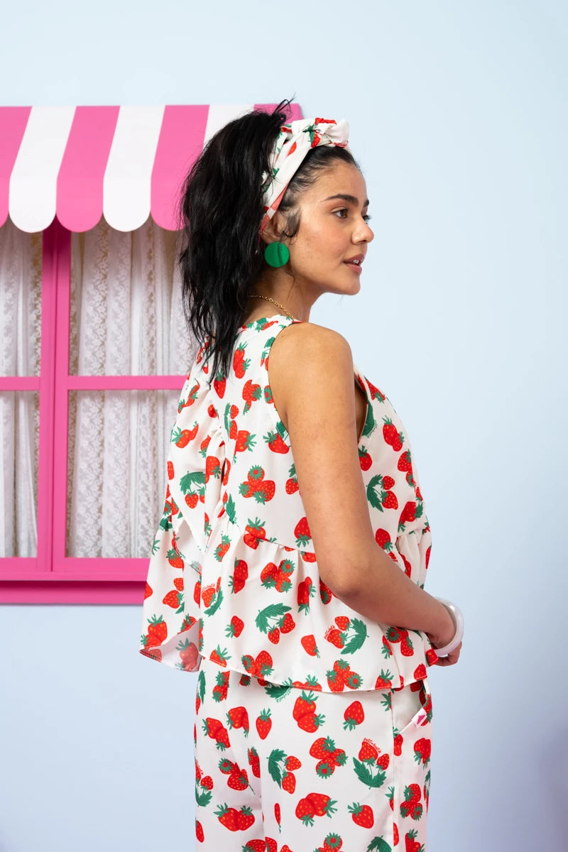 Lila Top Blouse Frill White Red Strawberries Μπλούζα Petit Boutik
