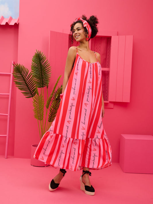 Linda Frill Dress Pink Red Beautiful Stripes Τιραντέ Φόρεμα με Ζώνη & Τσέπες Petit Boutik