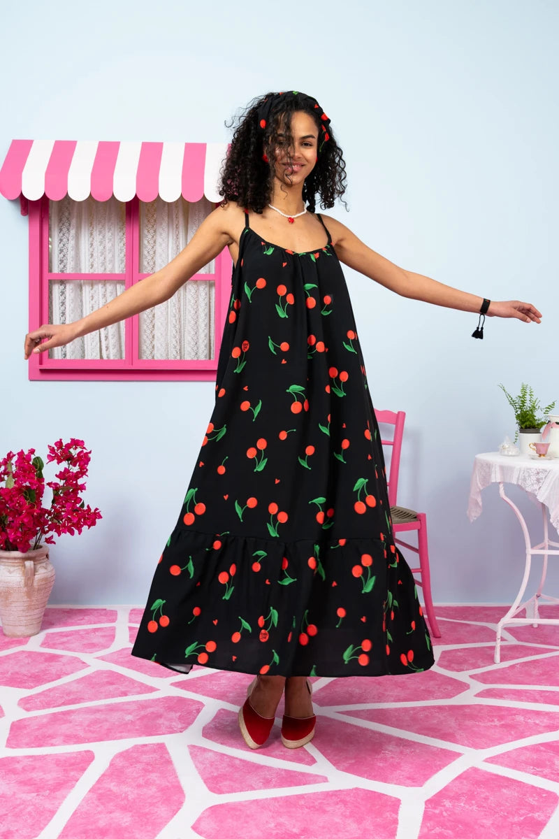 Linda Frill Dress Vis Black Cherries Τιραντέ Φόρεμα με Ζώνη & Τσέπες Petit Boutik