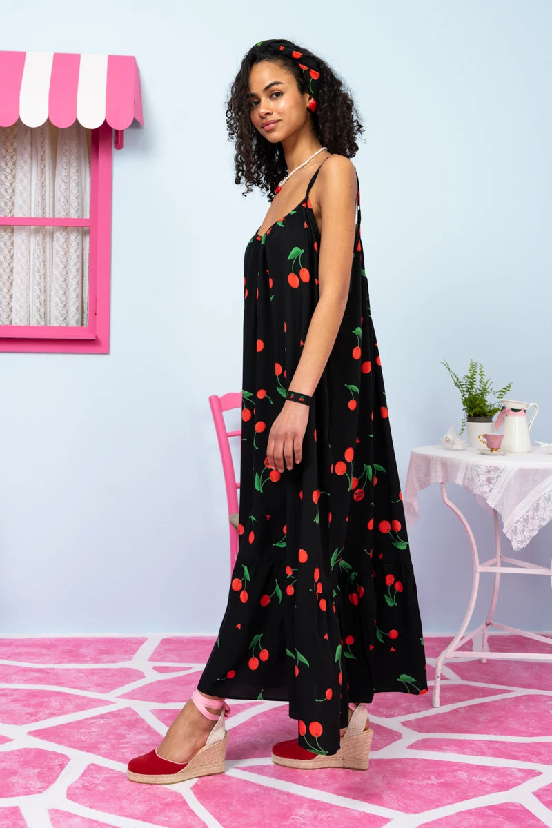 Linda Frill Dress Vis Black Cherries Τιραντέ Φόρεμα με Ζώνη & Τσέπες Petit Boutik