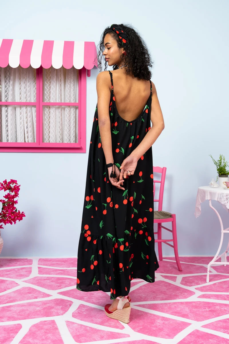 Linda Frill Dress Vis Black Cherries Τιραντέ Φόρεμα με Ζώνη & Τσέπες Petit Boutik