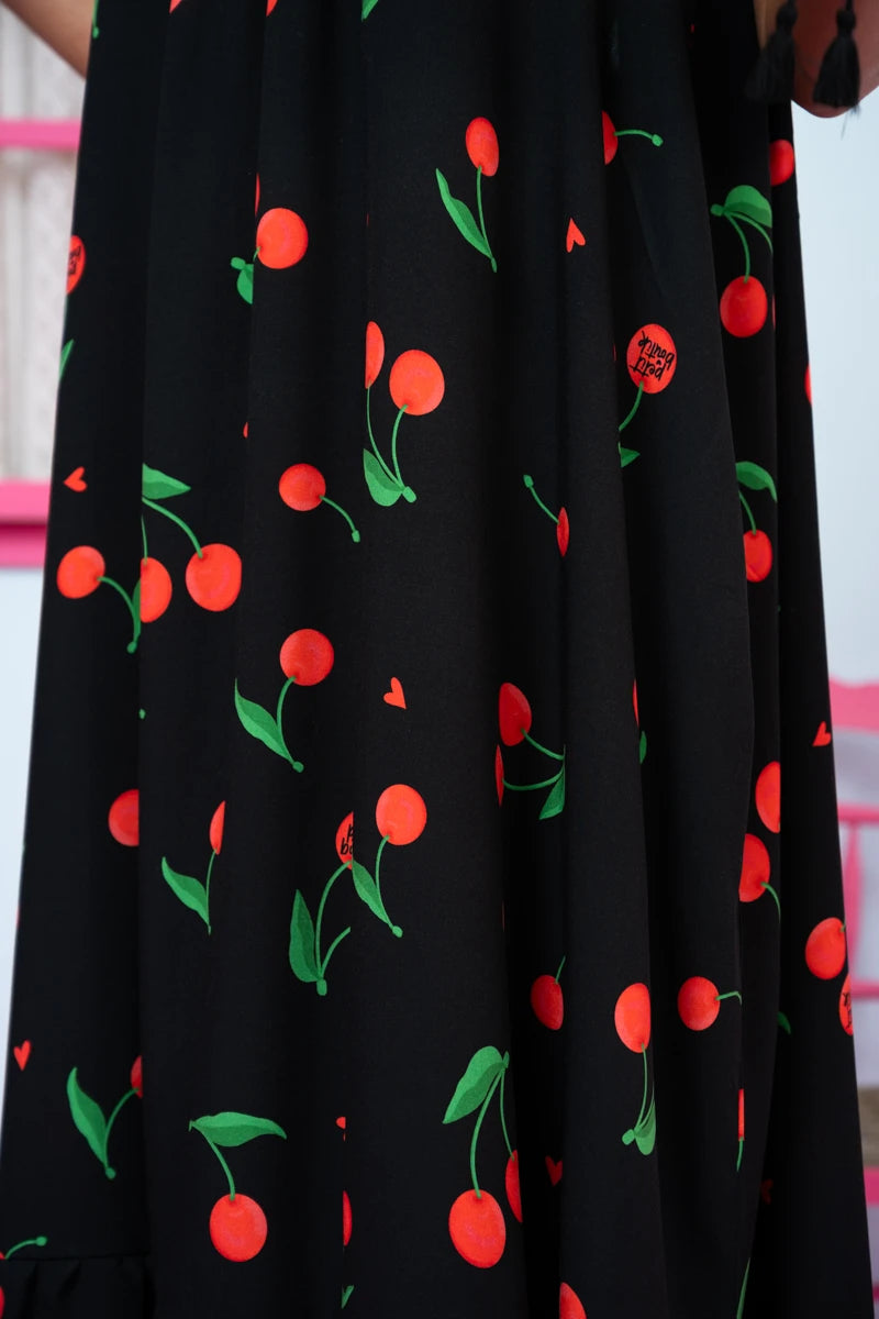 Linda Frill Dress Vis Black Cherries Τιραντέ Φόρεμα με Ζώνη & Τσέπες Petit Boutik