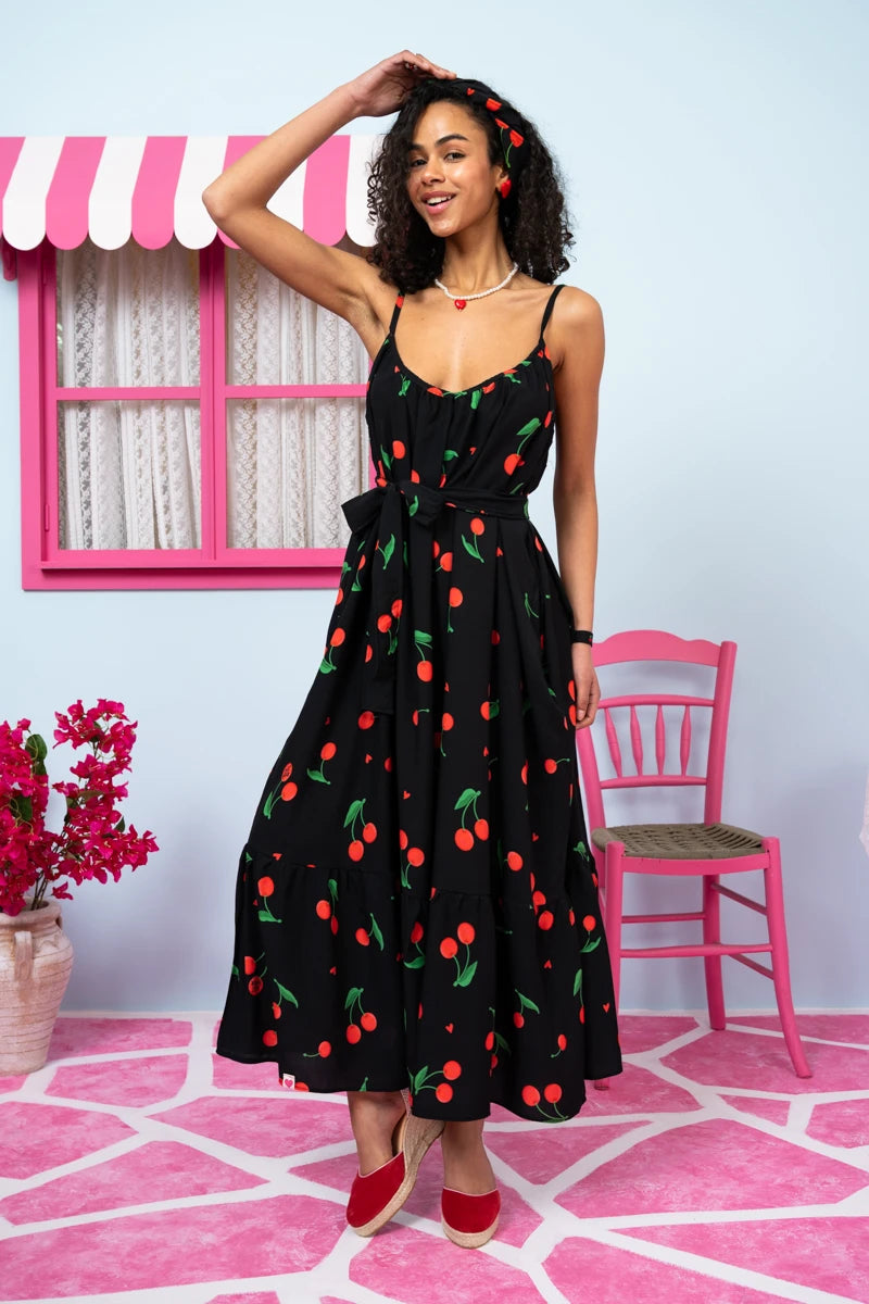 Linda Frill Dress Vis Black Cherries Τιραντέ Φόρεμα με Ζώνη & Τσέπες Petit Boutik