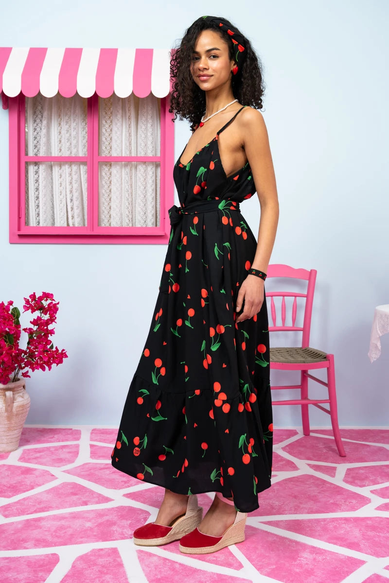 Linda Frill Dress Vis Black Cherries Τιραντέ Φόρεμα με Ζώνη & Τσέπες Petit Boutik