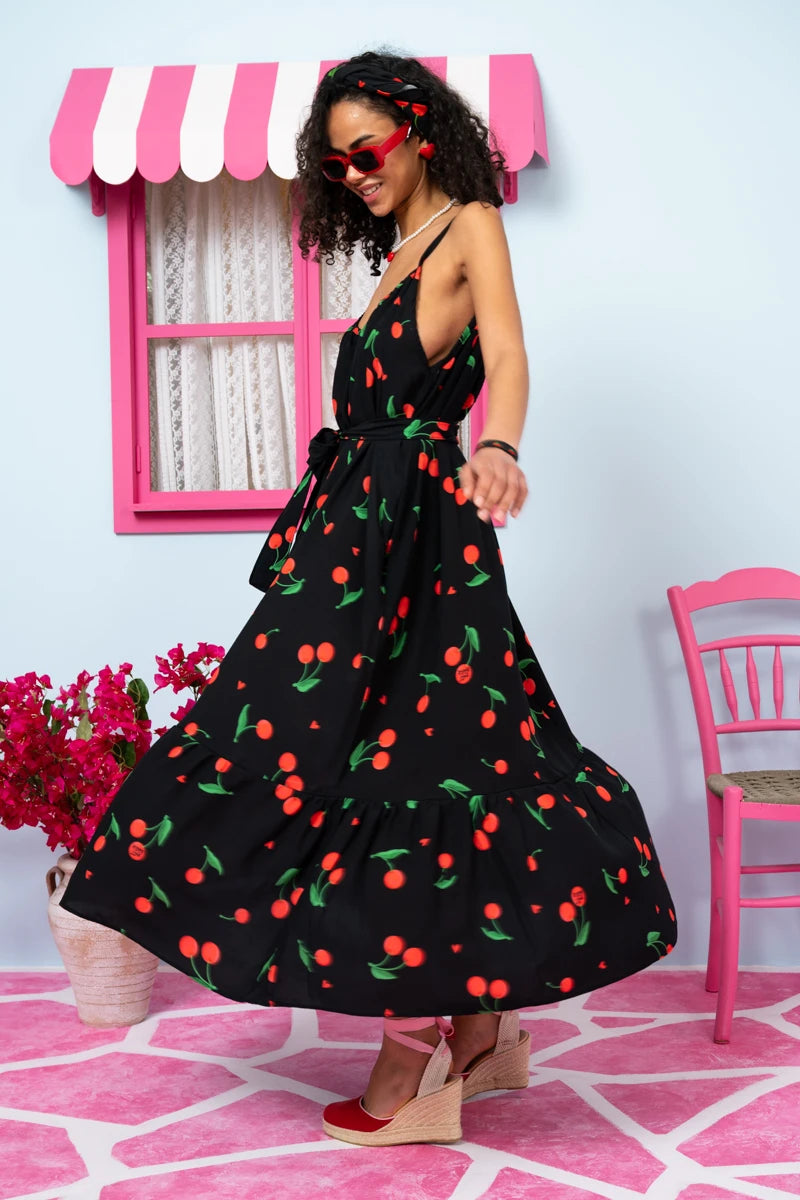 Linda Frill Dress Vis Black Cherries Τιραντέ Φόρεμα με Ζώνη & Τσέπες Petit Boutik