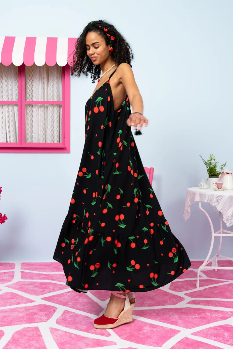 Linda Frill Dress Vis Black Cherries Τιραντέ Φόρεμα με Ζώνη & Τσέπες Petit Boutik