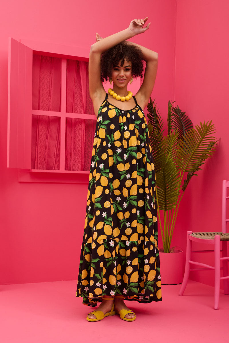 Linda Frill Dress Vis Black Lemons Τιραντέ Φόρεμα με Ζώνη & Τσέπες Petit Boutik