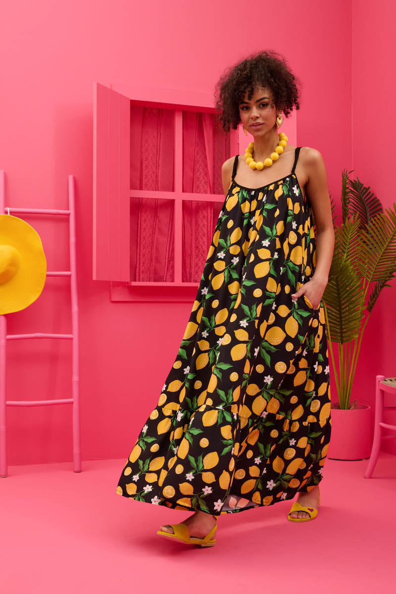 Linda Frill Dress Vis Black Lemons Τιραντέ Φόρεμα με Ζώνη & Τσέπες Petit Boutik