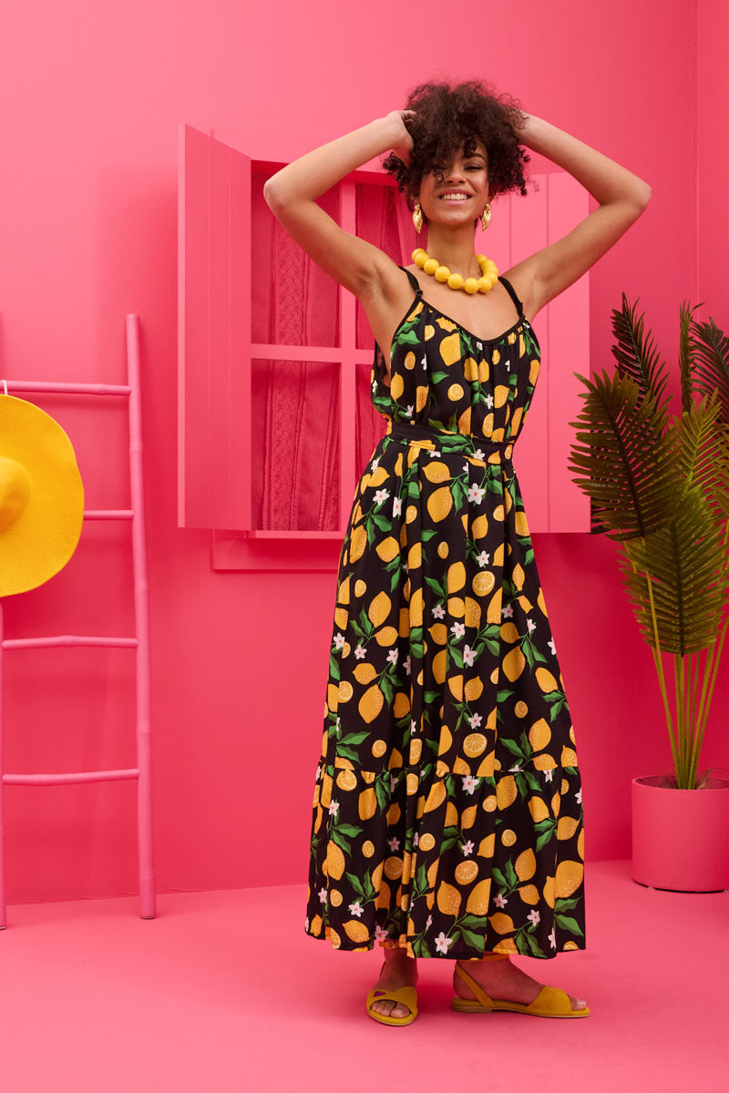 Linda Frill Dress Vis Black Lemons Τιραντέ Φόρεμα με Ζώνη & Τσέπες Petit Boutik